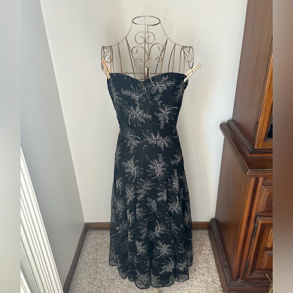 Vintage 90s Carmen Marc Valvo Black Ivory Lace Strapless Dress Size 2